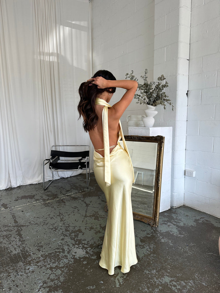 Long yellow silk dress best sale